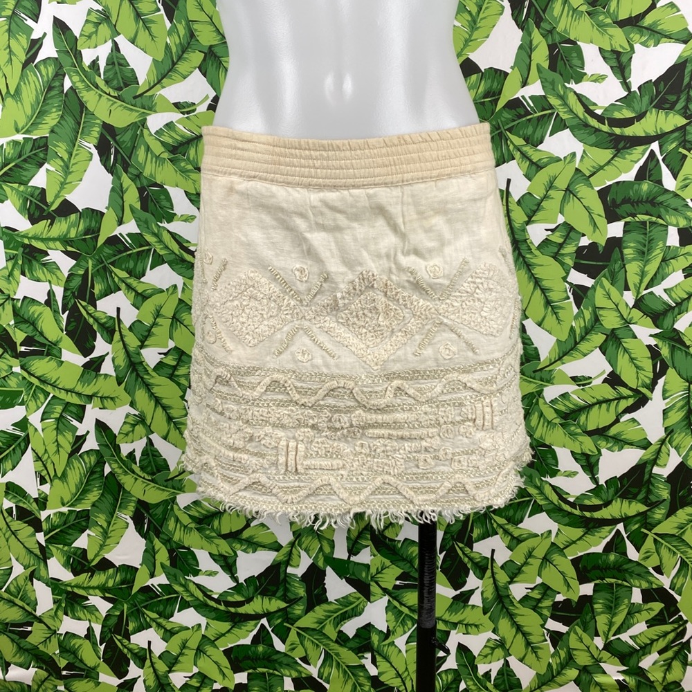 Calypso St. Barth Tan Linen Embroidered Mini Skirt